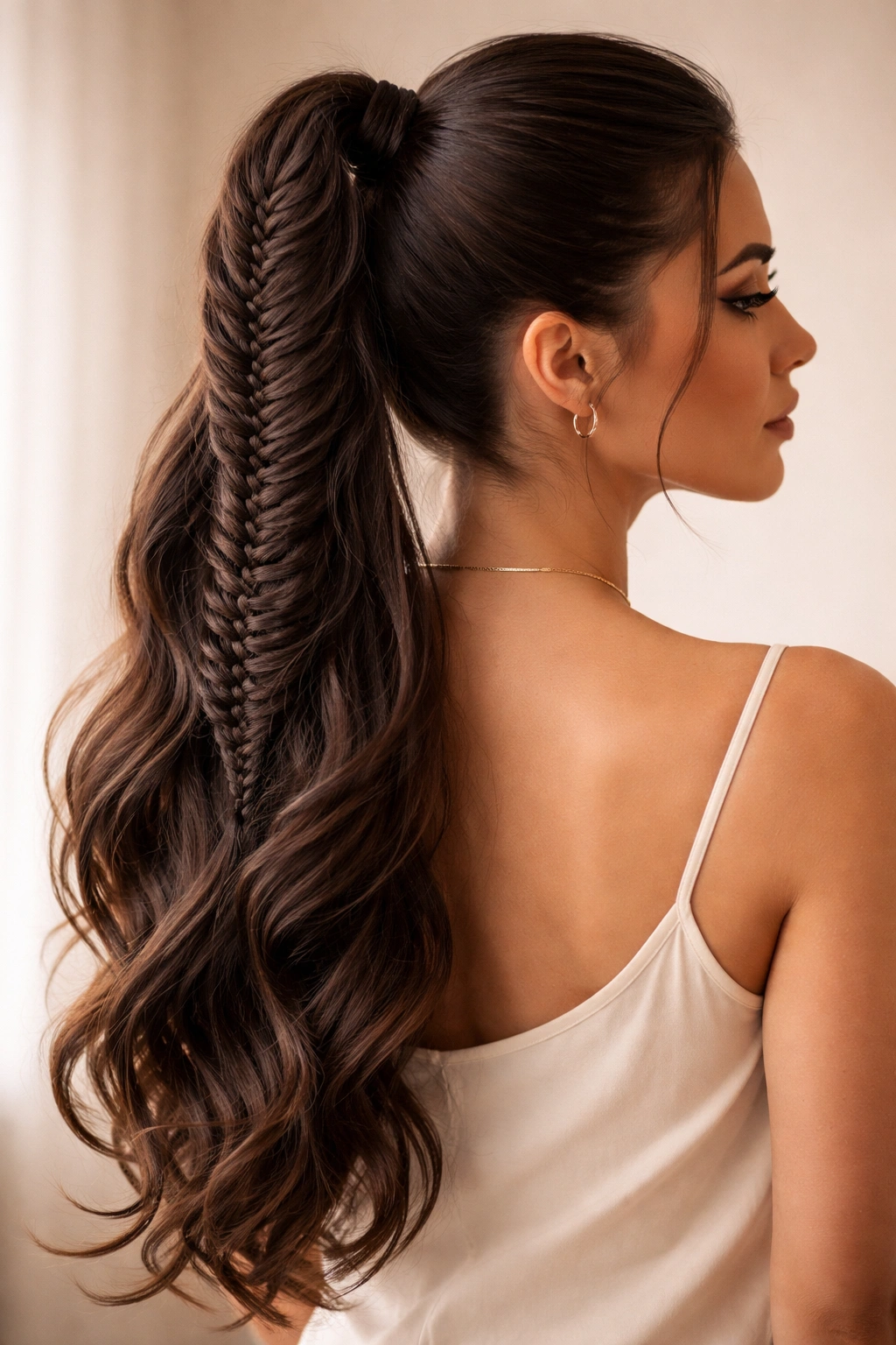Close-up of a two-strand fishtail braid forming a high ponytail with intricate texture