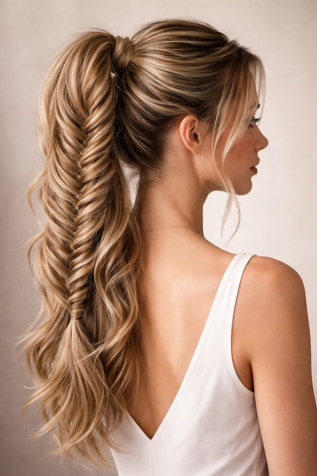 High ponytail featuring a textured fishtail braid along the length