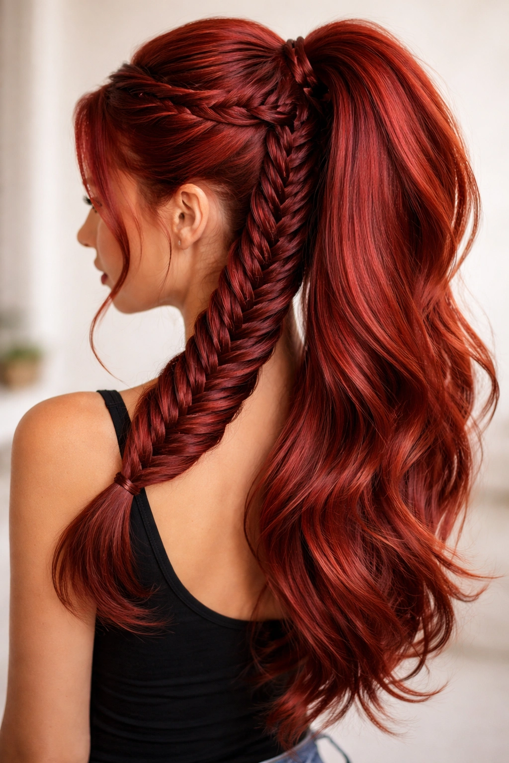 Fishtail braid transitioning into a high-volume red ponytail