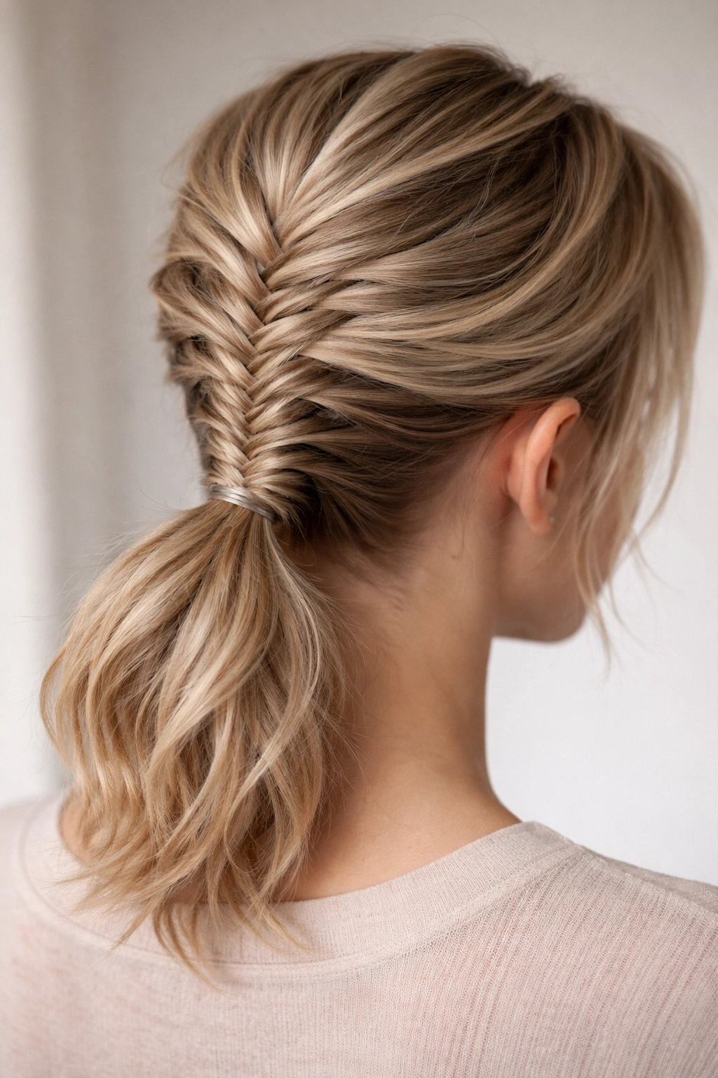 Fishtail braid ponytail on short hair with woven texture