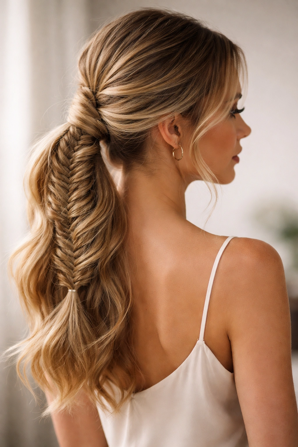 Fishtail braid ponytail showing intricate braid texture and wrap