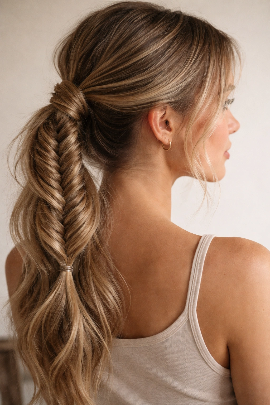 Two-section fishtail braid forming a textured ponytail