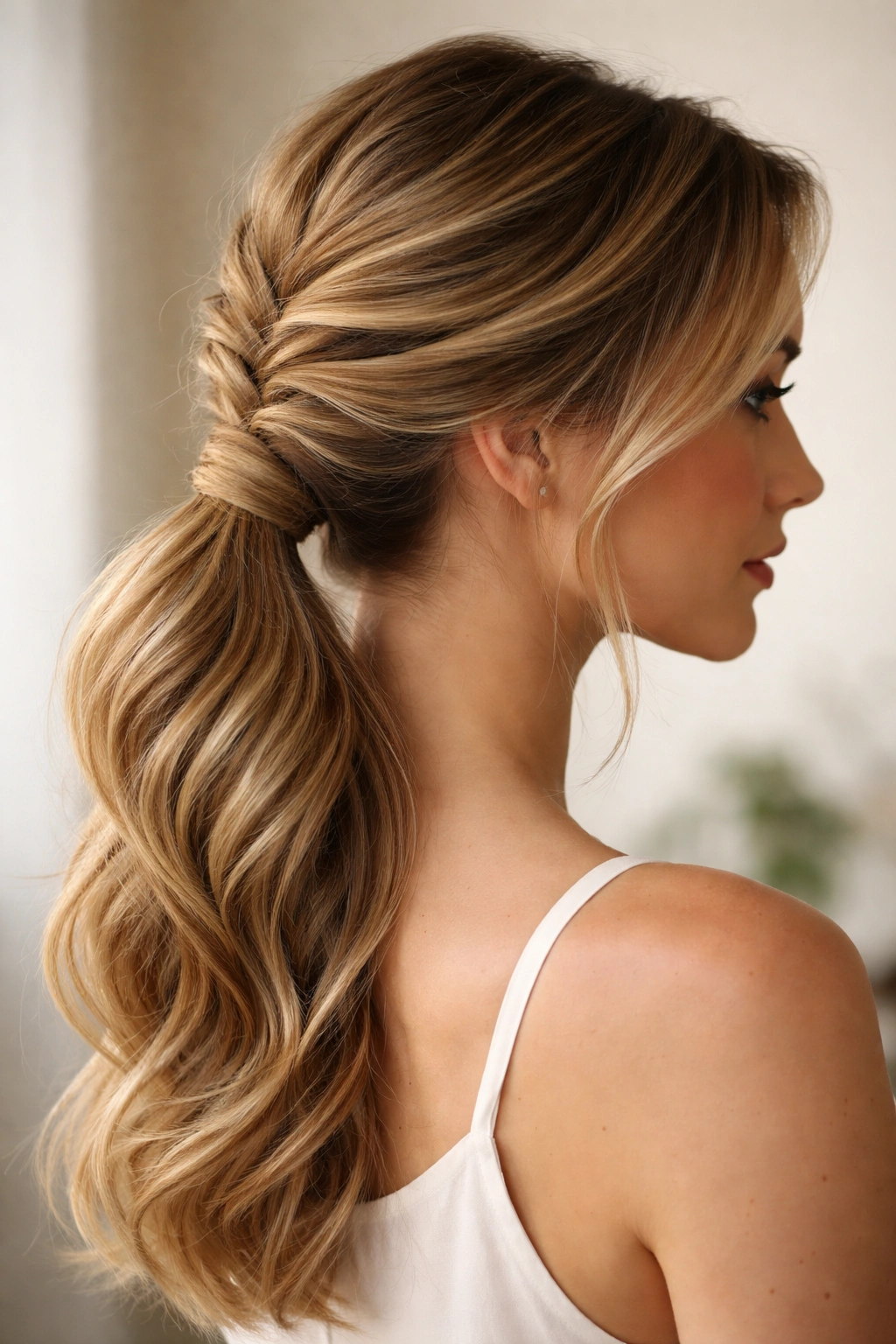Close-up side view of a fishtail braid wrapped into a ponytail at the nape, showing intricate braid pattern