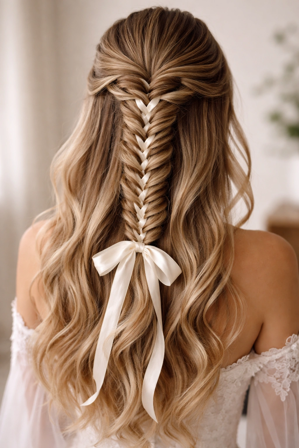 Close-up of fishtail braid with ribbon woven through