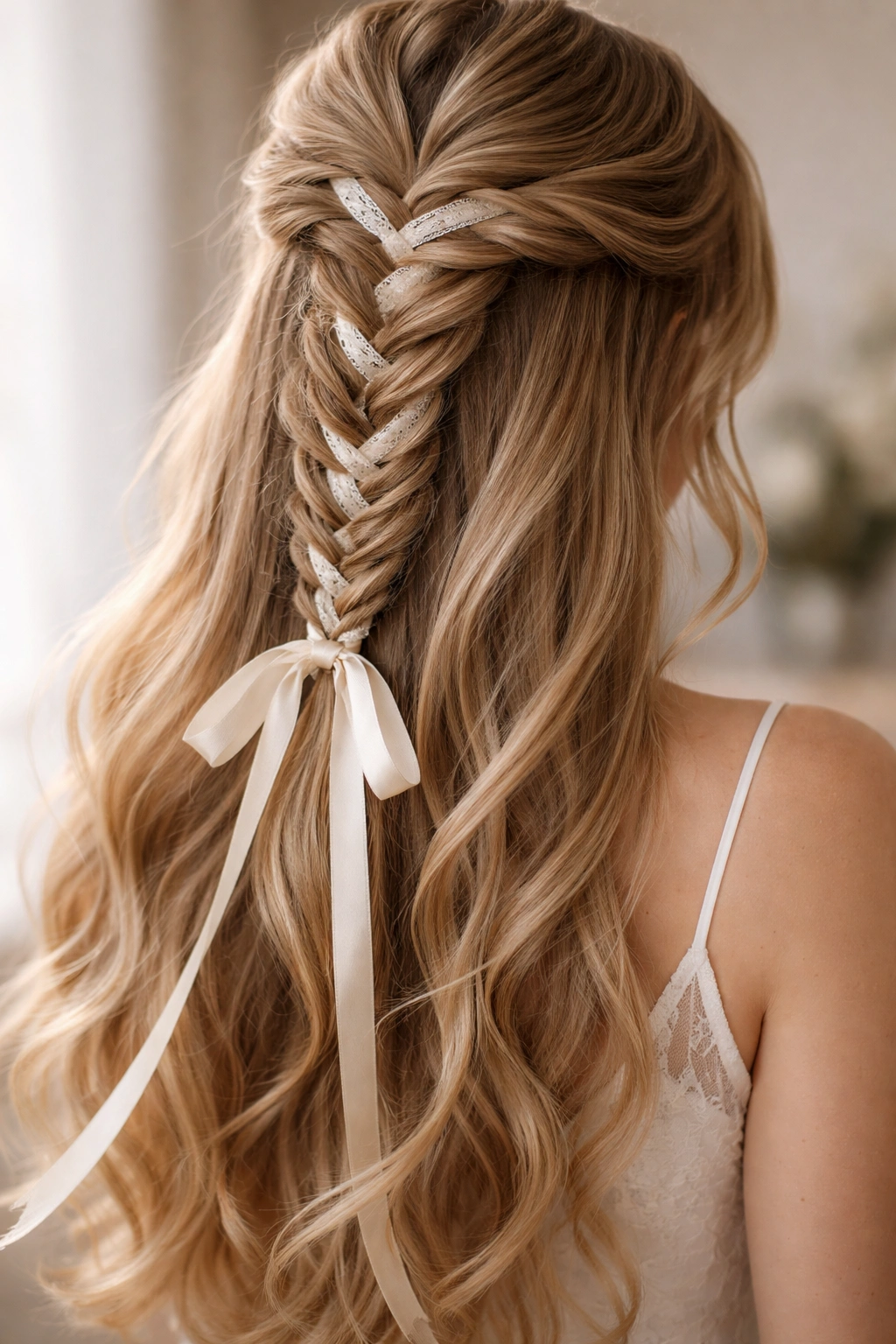 Fishtail braid with ribbon woven through half-up hairstyle