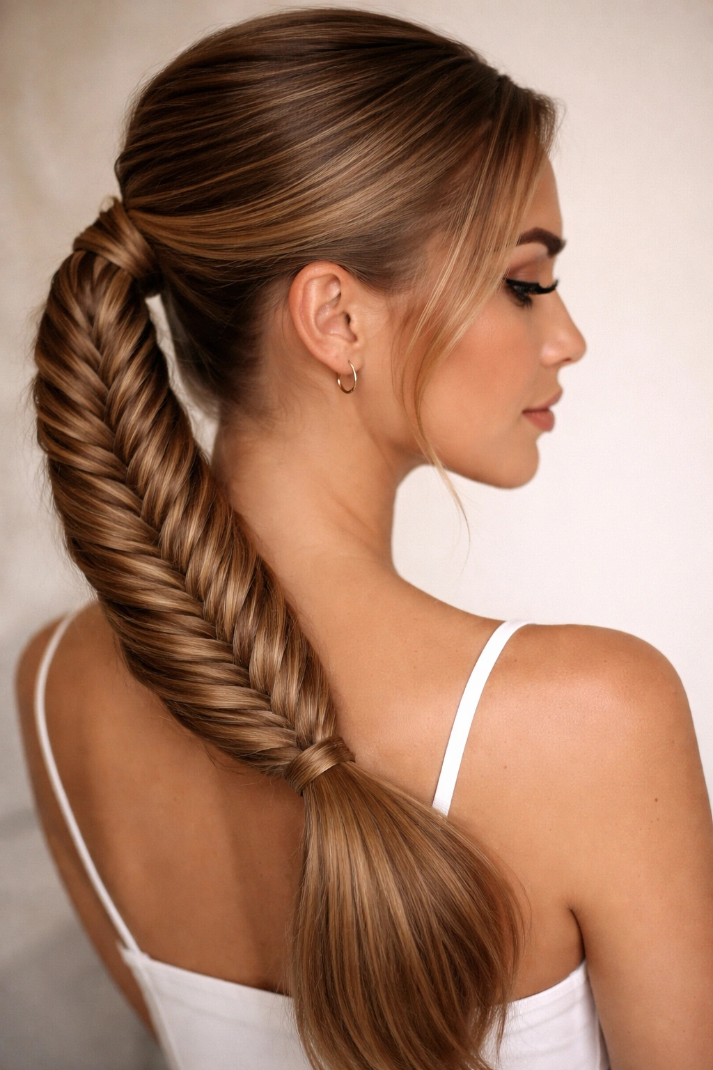 Fishtail braided side ponytail with intricate interlocking pattern.