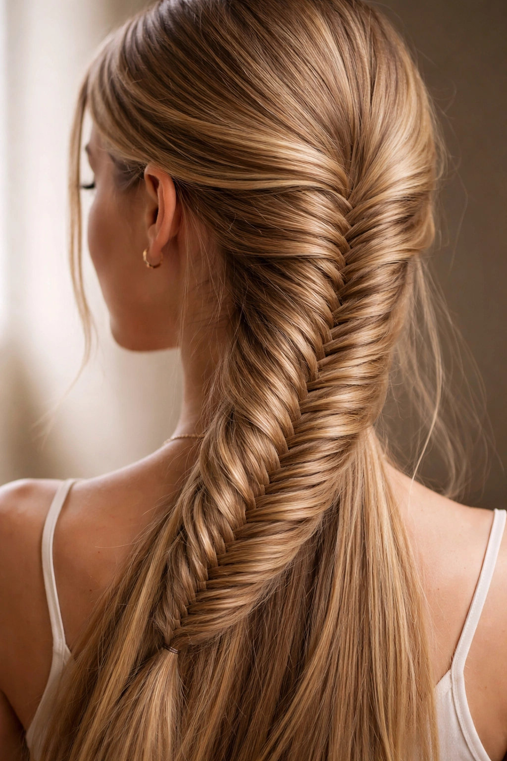 Close-up of a fishtail braid on straight hair with delicate, intricate weaving.