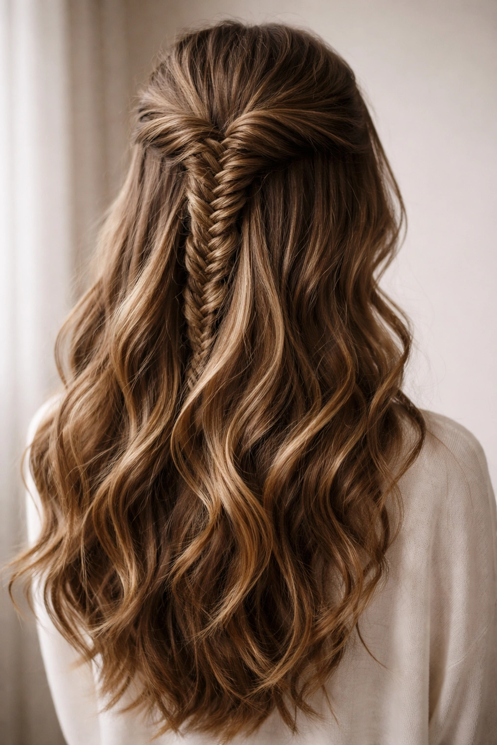 Back-angle view of thick hair in a fishtail half-up braid