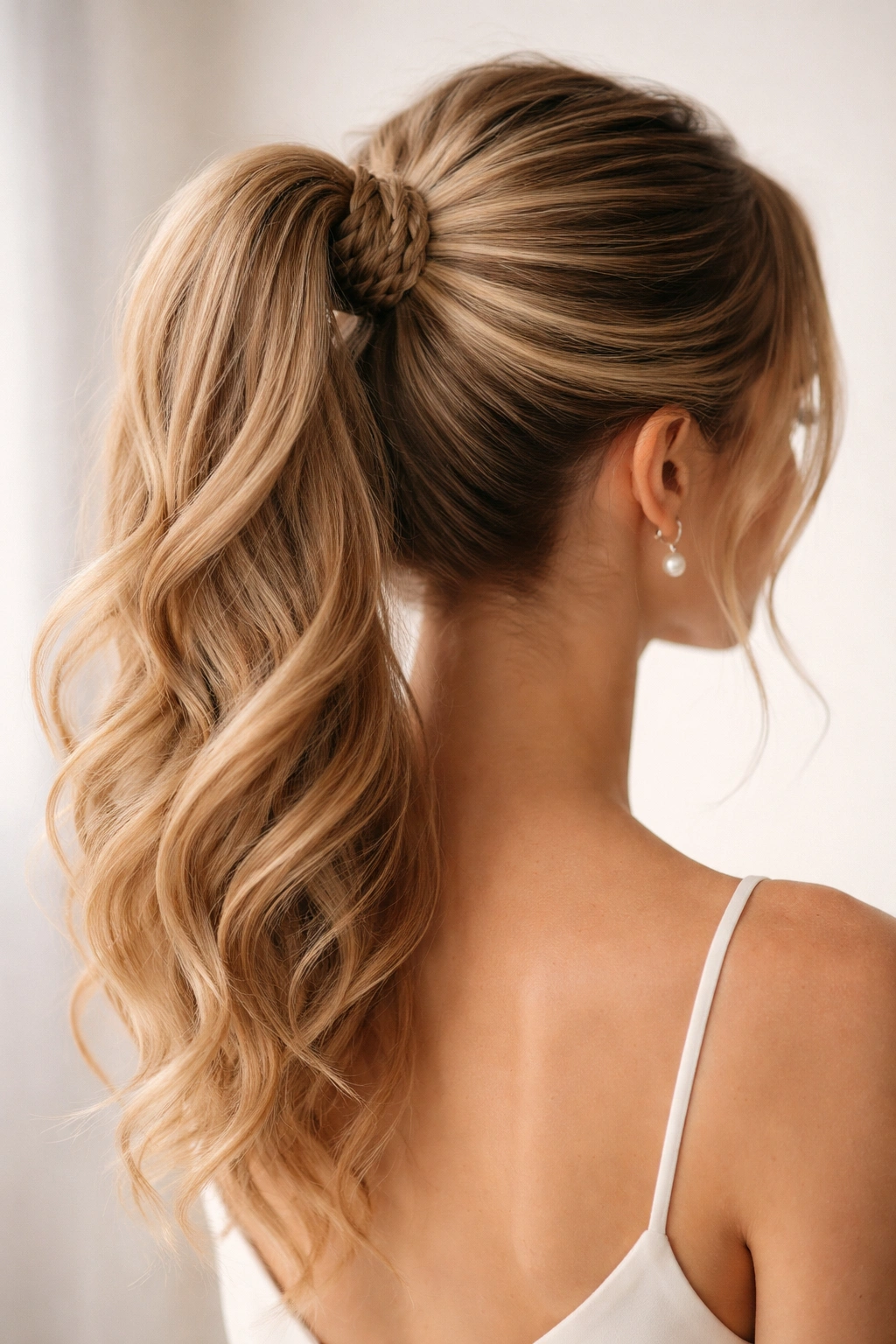 Close-up of fishtail braided updo ponytail with braided base detail
