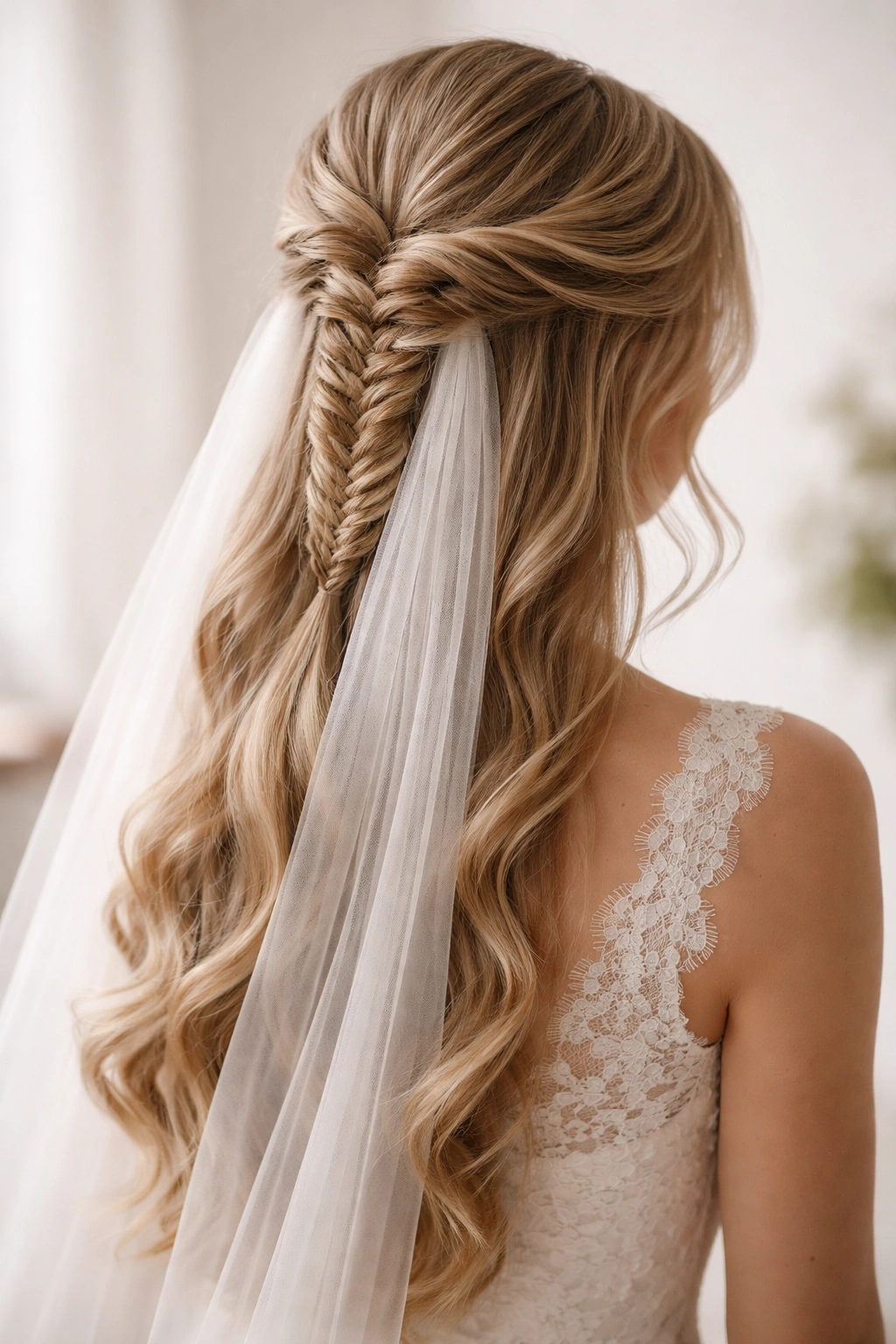 Close-up of bridal fishtail braid integrated with veil, seamless half-up