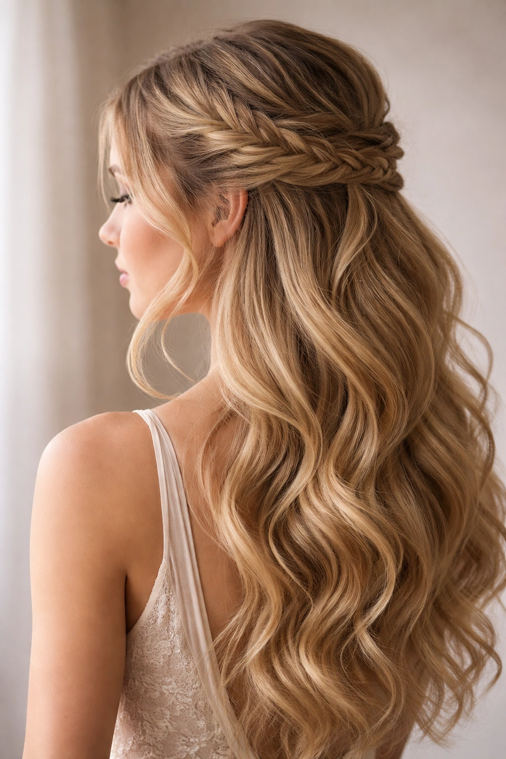 Side view of fishtail braid half-up with romantic waves