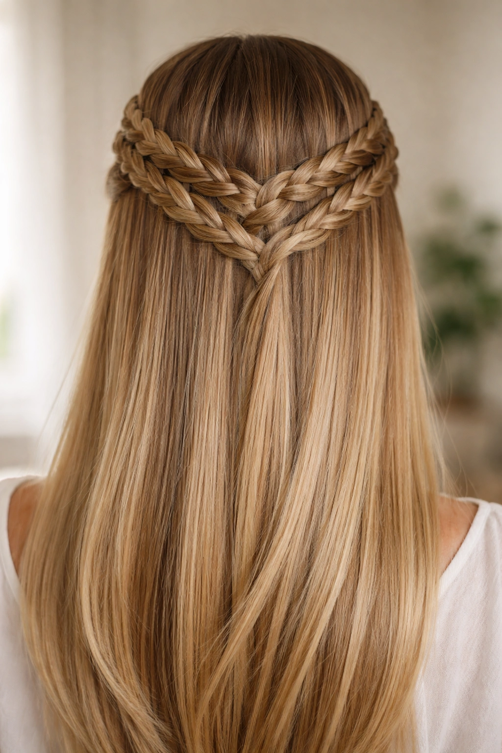 Fishtail crown braid hybrid with lace-like crown detail on straight hair