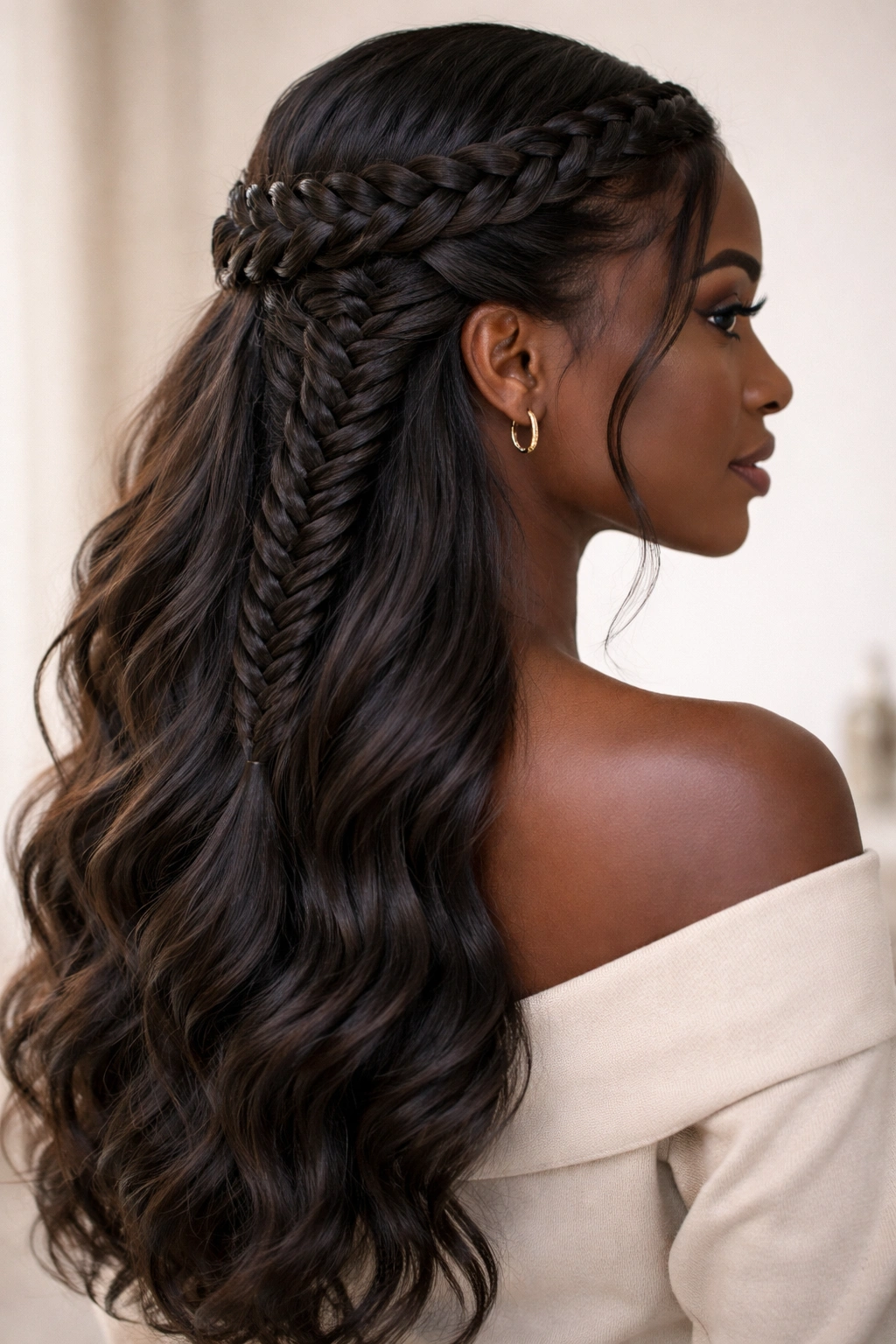 Crown braid across the head with a fishtail braid below in a half-up style