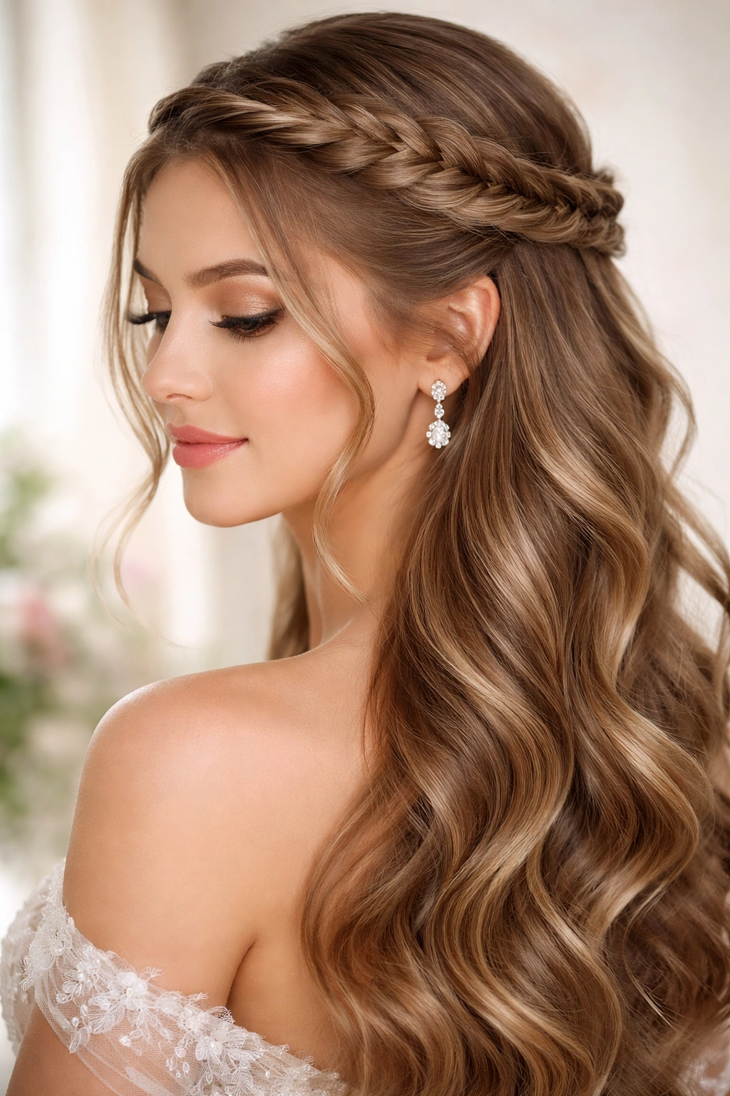Fishtail crown braid with soft waves
