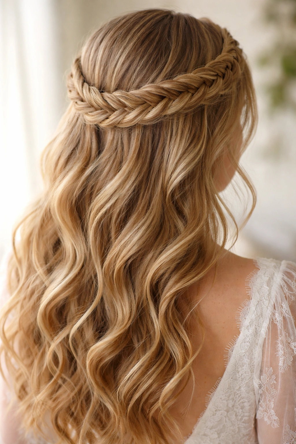 Close-up of fishtail crown braid with intricate weave
