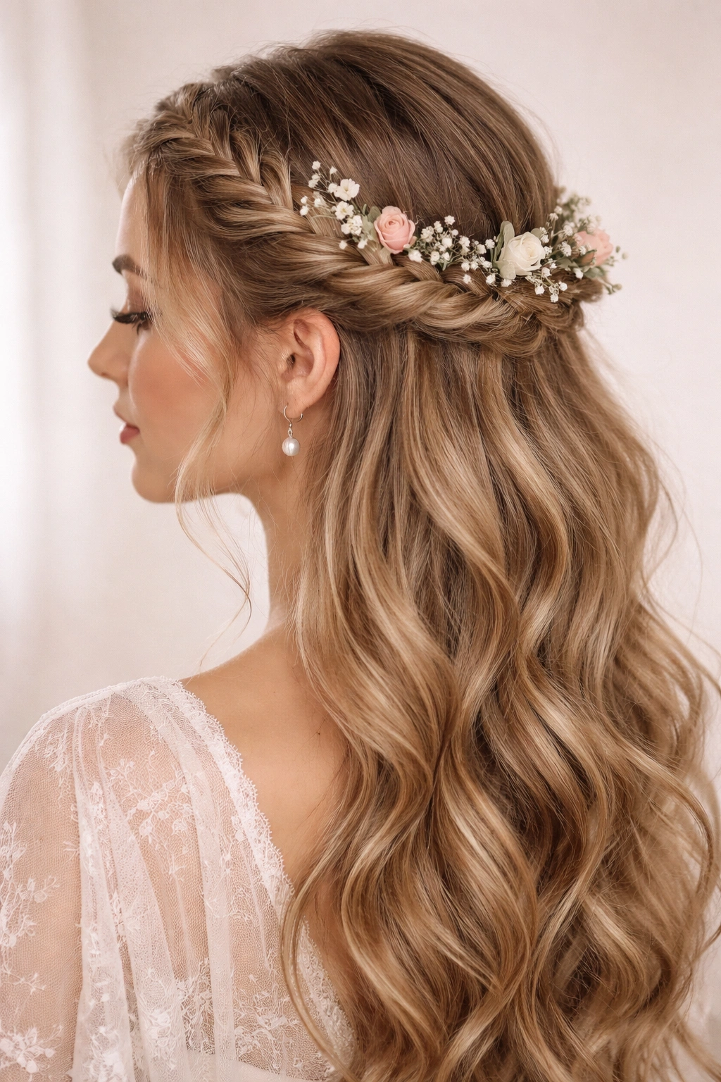 Fishtail crown braid with delicate flowers in hair