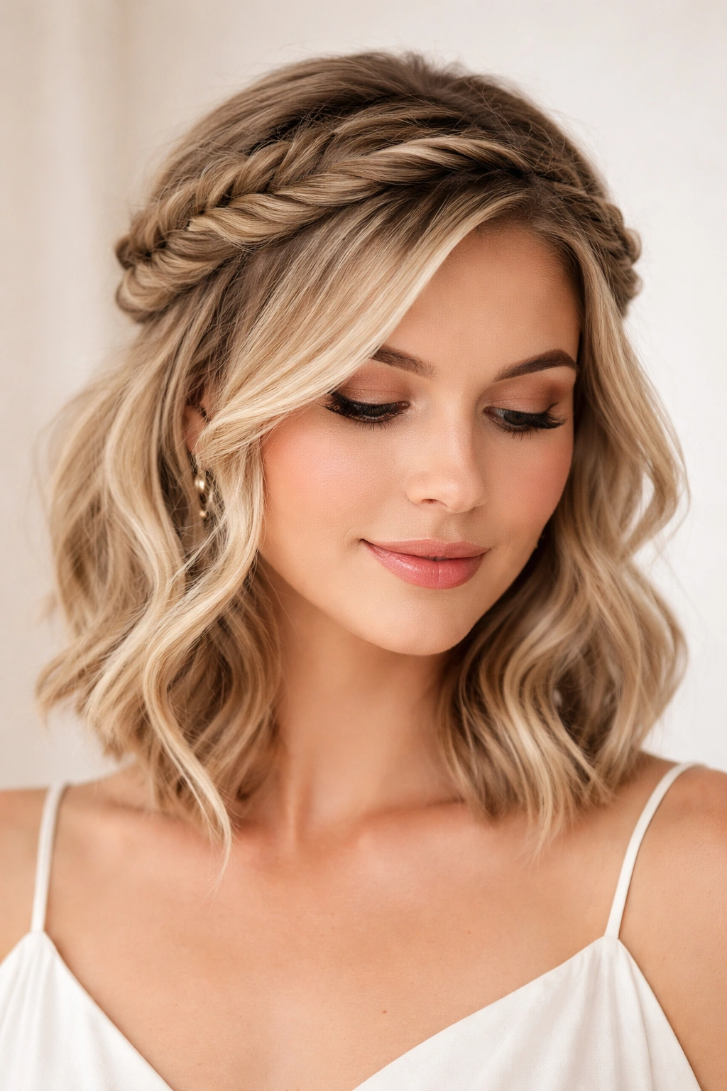 Close-up of short hair with a fishtail crown braid forming a half-up style around the crown