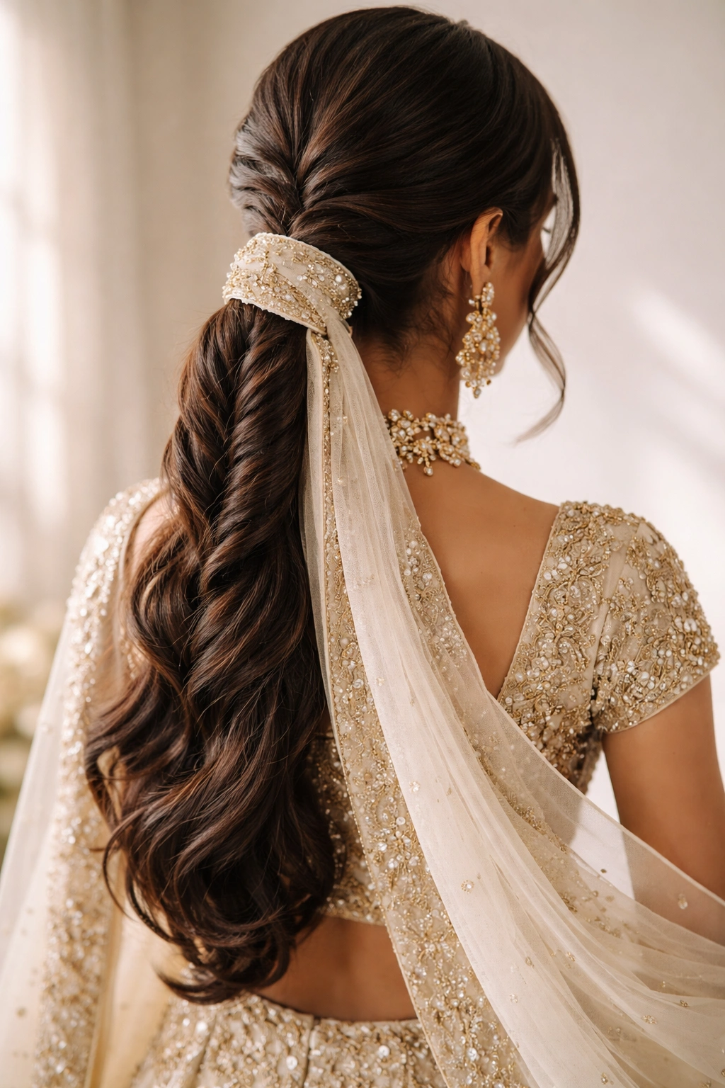Fishtail ponytail with dupatta wrap showing dupatta wrapped around base