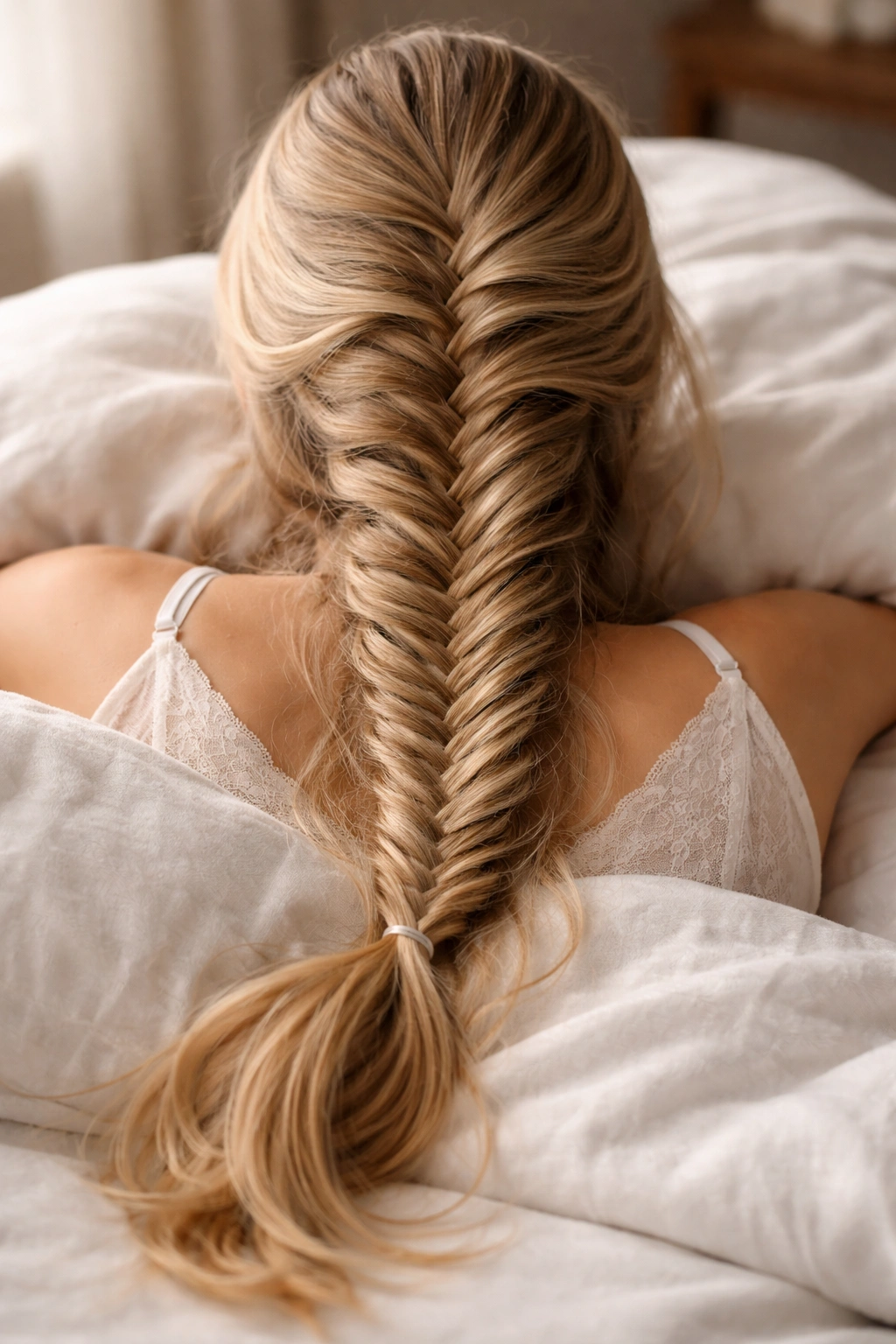 Fishtail braid with delicate texture down the back of the head.