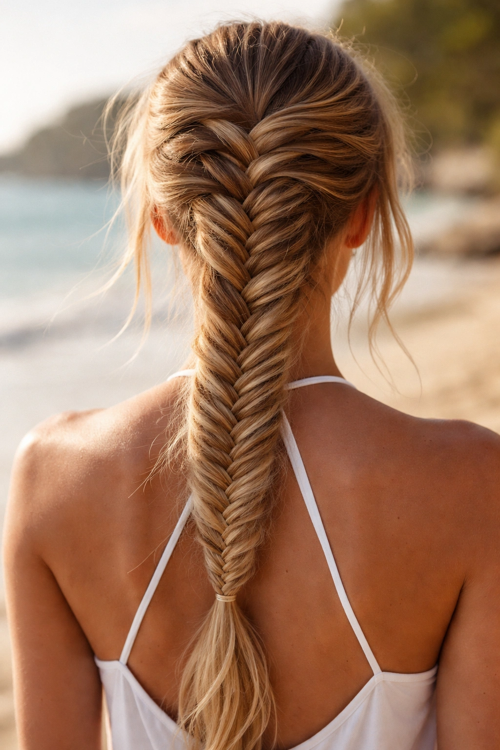 Hybrid braid combining French and fishtail techniques from crown to end