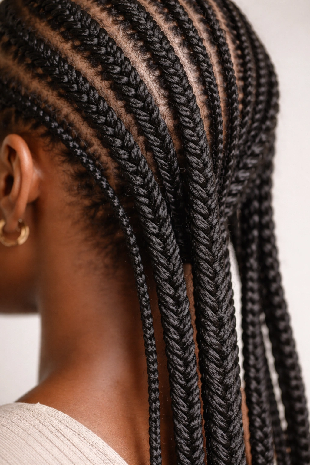 Macro close-up of Fishtail Fulani Braids showing textured weave