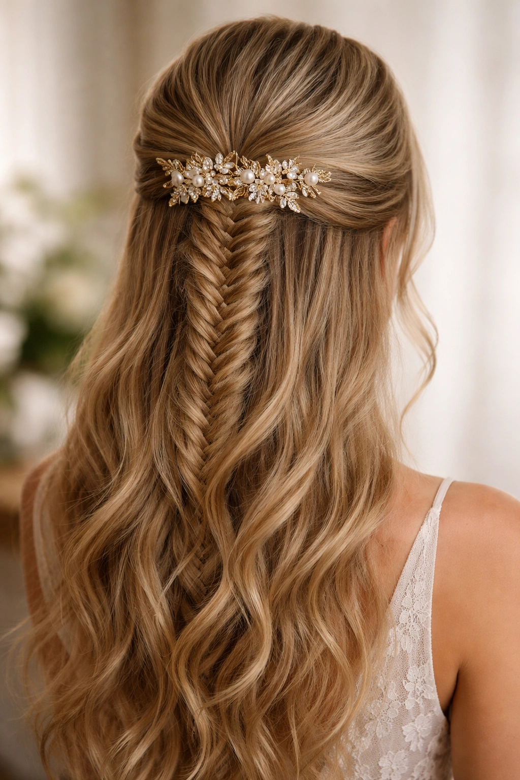 Half-up fishtail secured with decorative hair accessory at crown