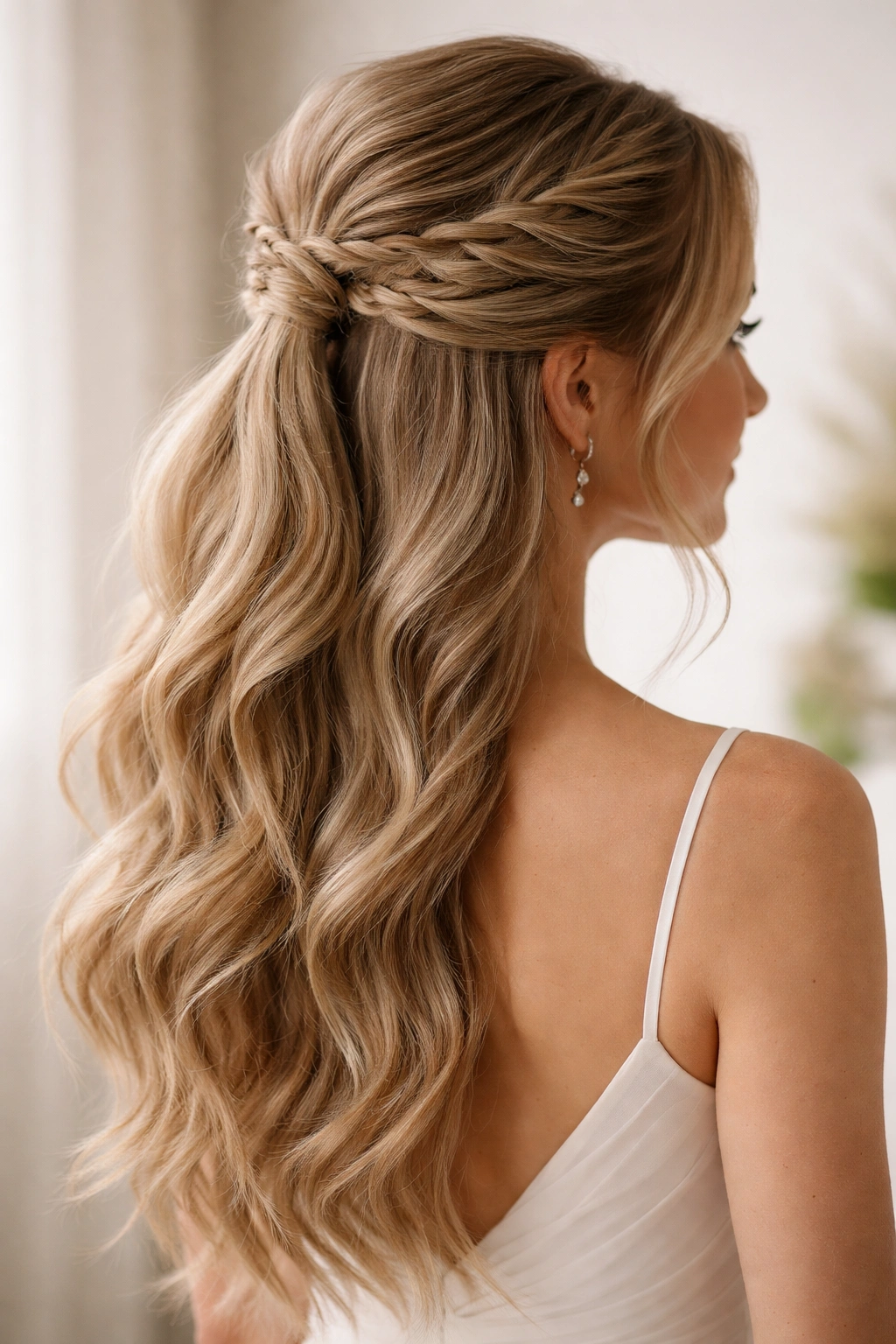 Close-up of polished fishtail half-ponytail showing delicate braid texture