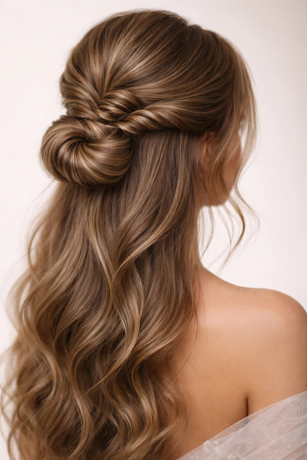 Close-up crown-to-bun fishtail half-up hairstyle with delicate texture