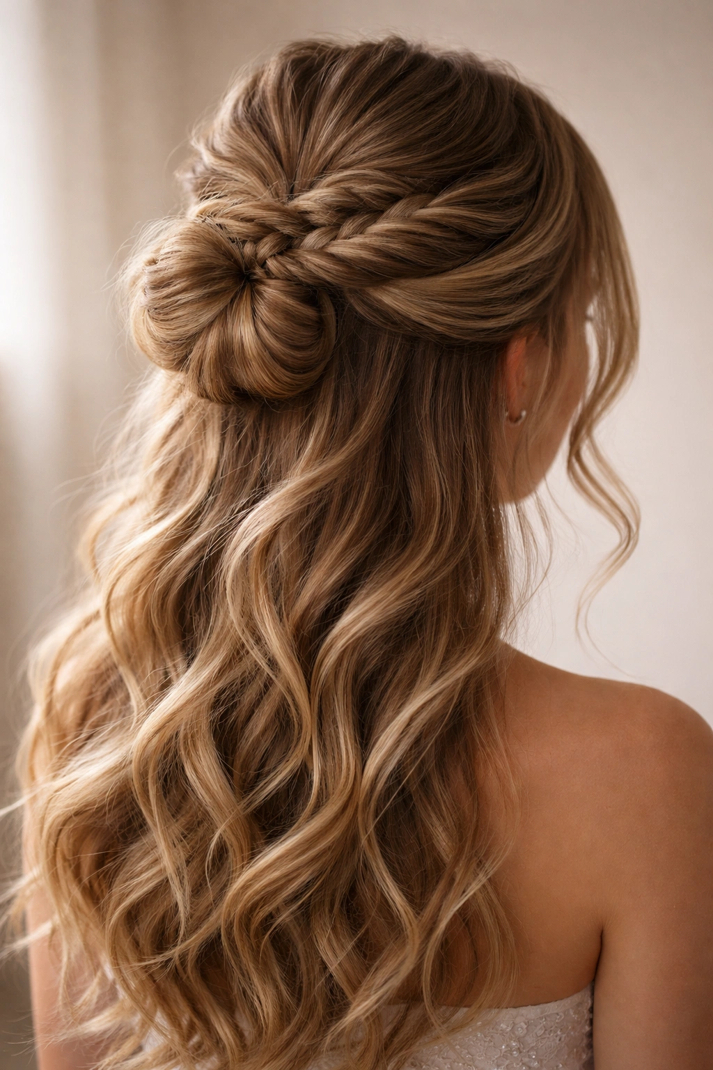 Close-up of The Fishtail Braid Half-Up Bun with a textured fishtail braid forming a bun