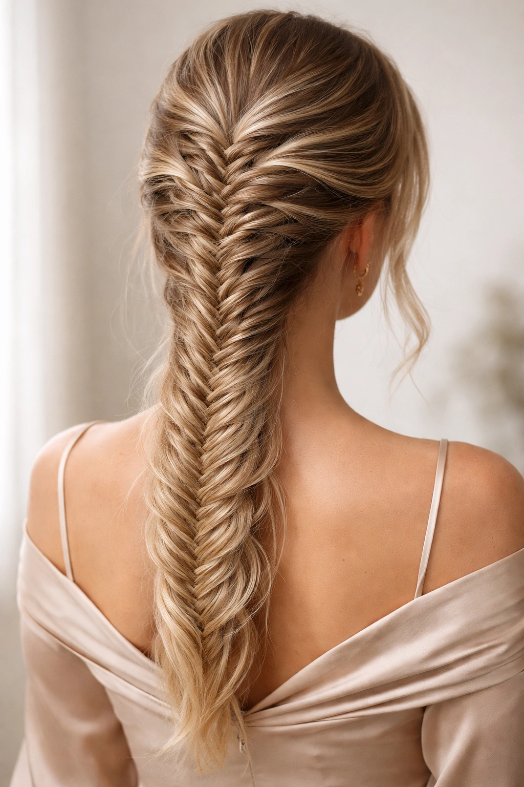 Close-up of a crown-origin French braid transitioning into a fishtail texture