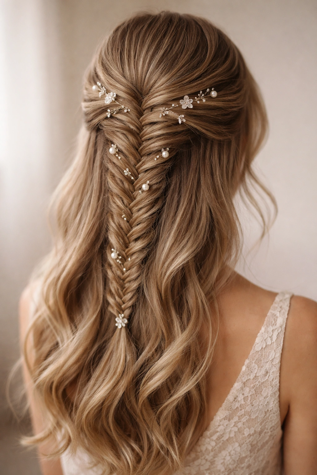 Close-up of Fishtail with Delicate Pins and Pearls showing pearl pins woven through the braid.