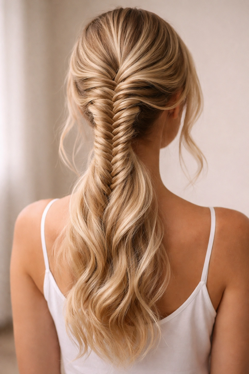 Romantic fishtail braid ponytail on blonde hair