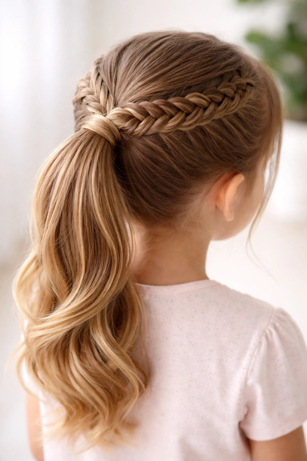 Close-up of a crown fishtail braid transitioning into a ponytail.