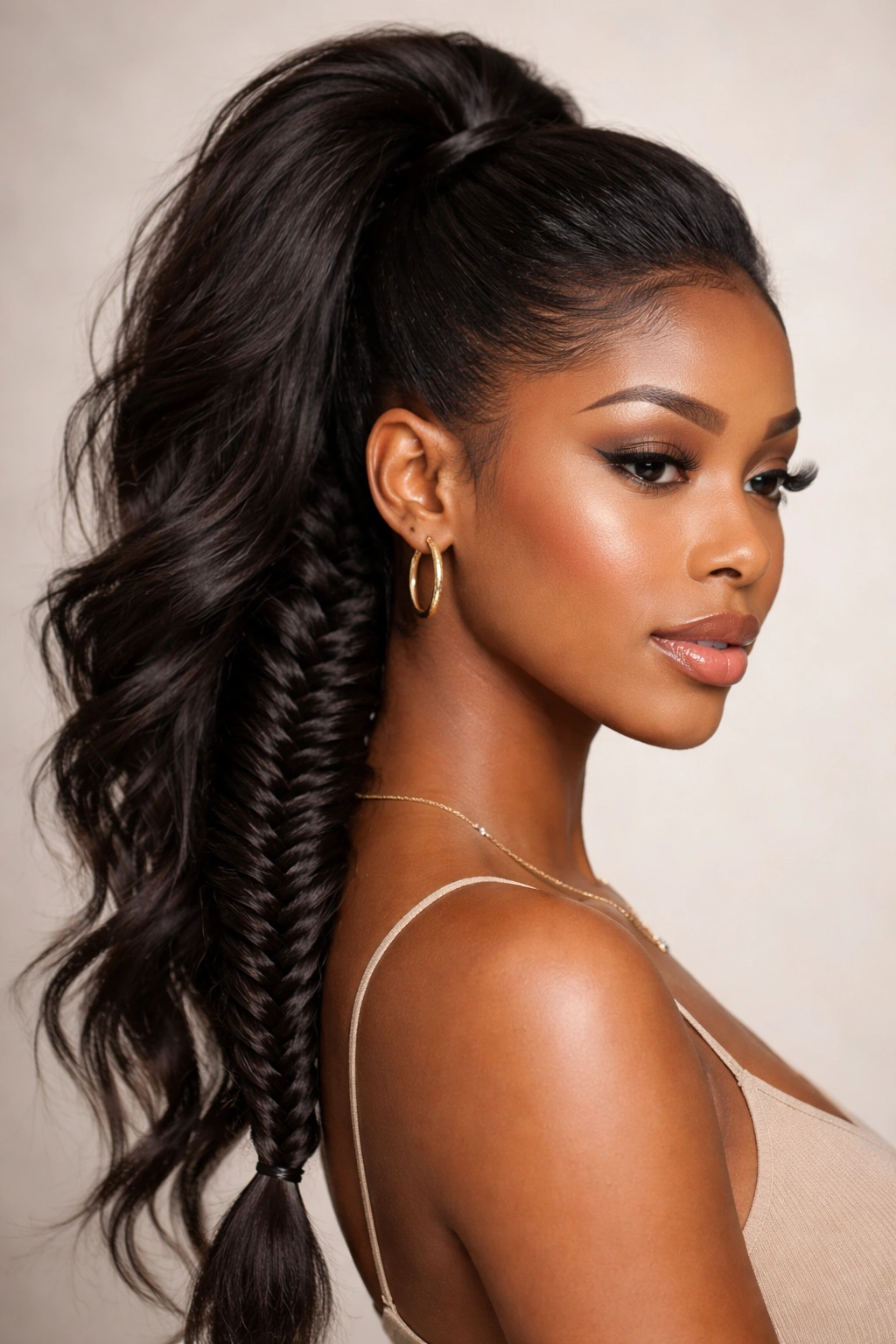 Close-up of a high fishtail ponytail with voluminous crown on textured hair.