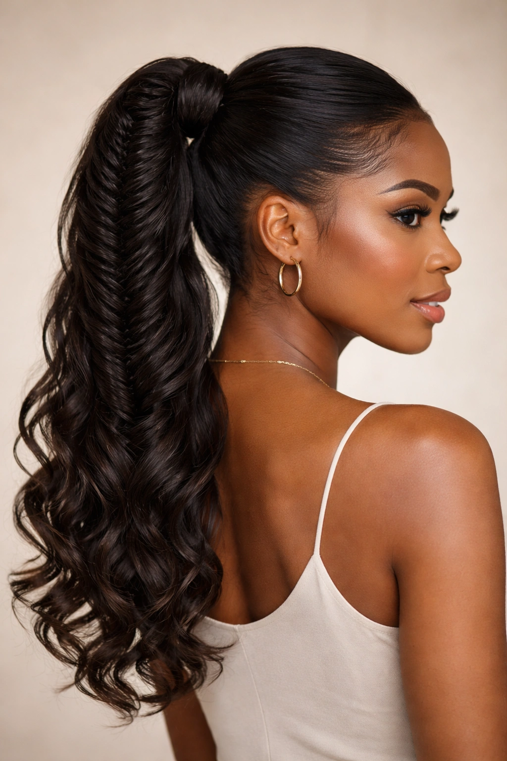 Fishtail ponytail ends curled into loose waves for added movement.