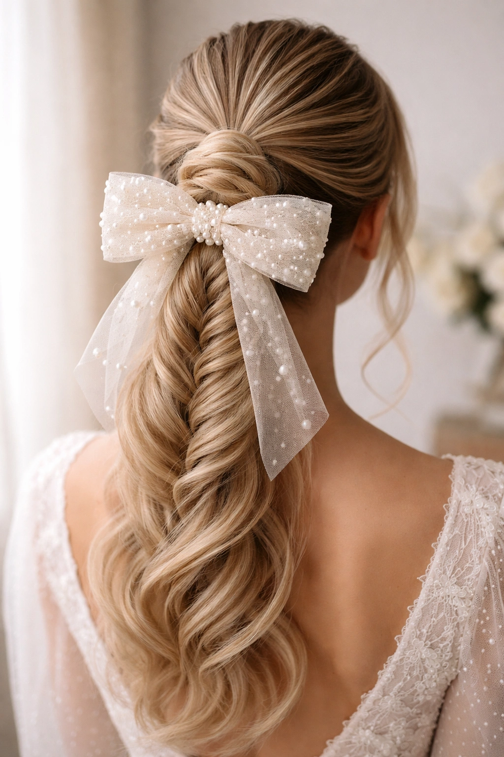 Fishtail braid around ponytail with pearl-adorned bow