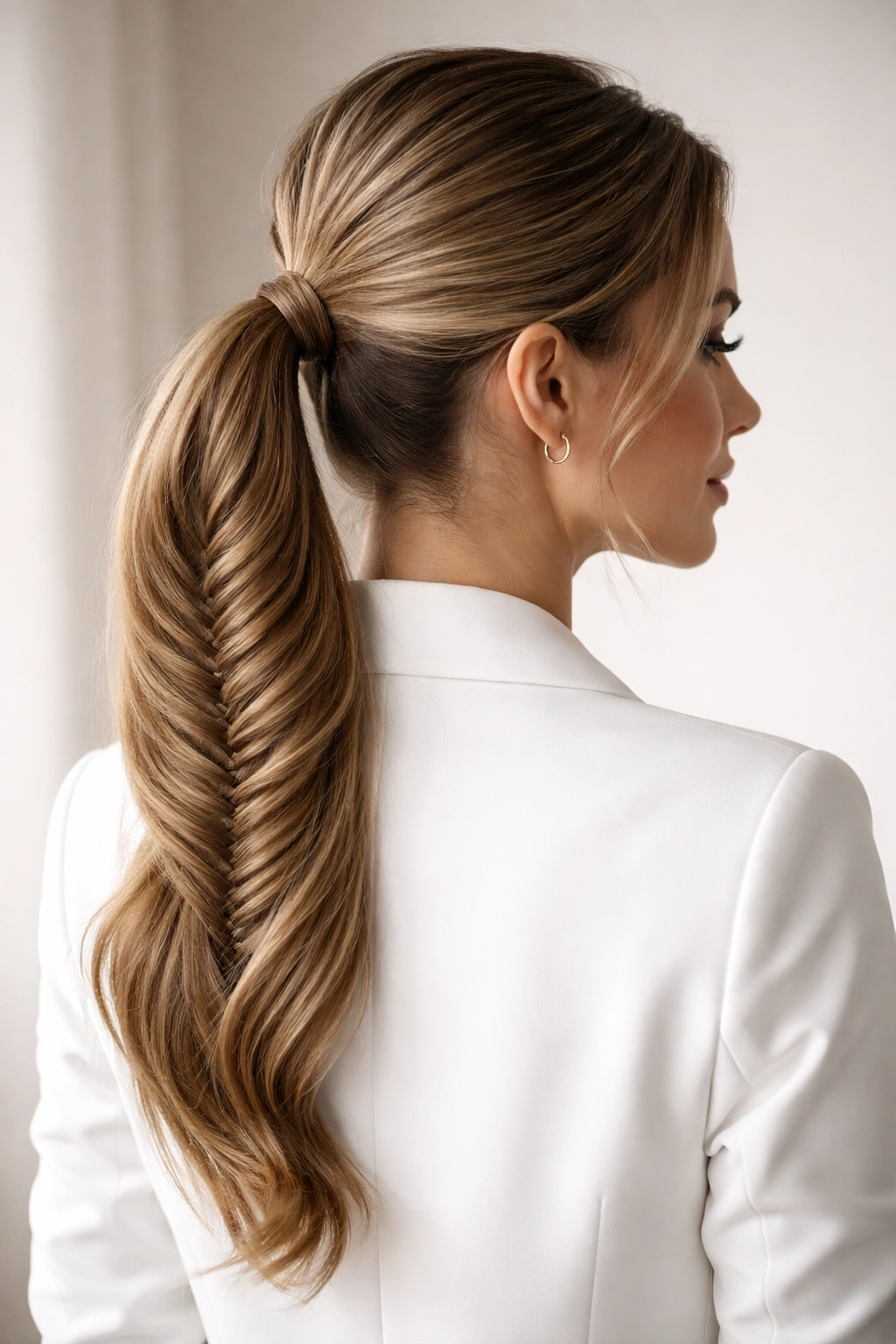 Close-up of a polished fishtail braid ponytail in a studio portrait