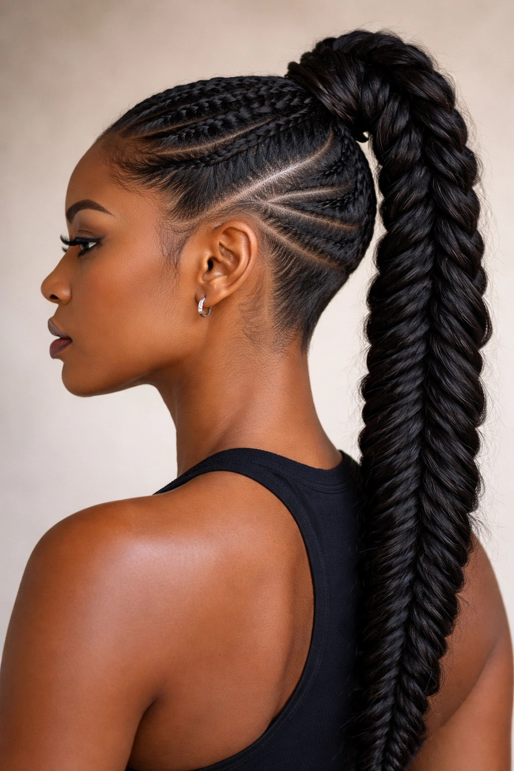 Fishtail ponytail with visible undercut details and braided texture.