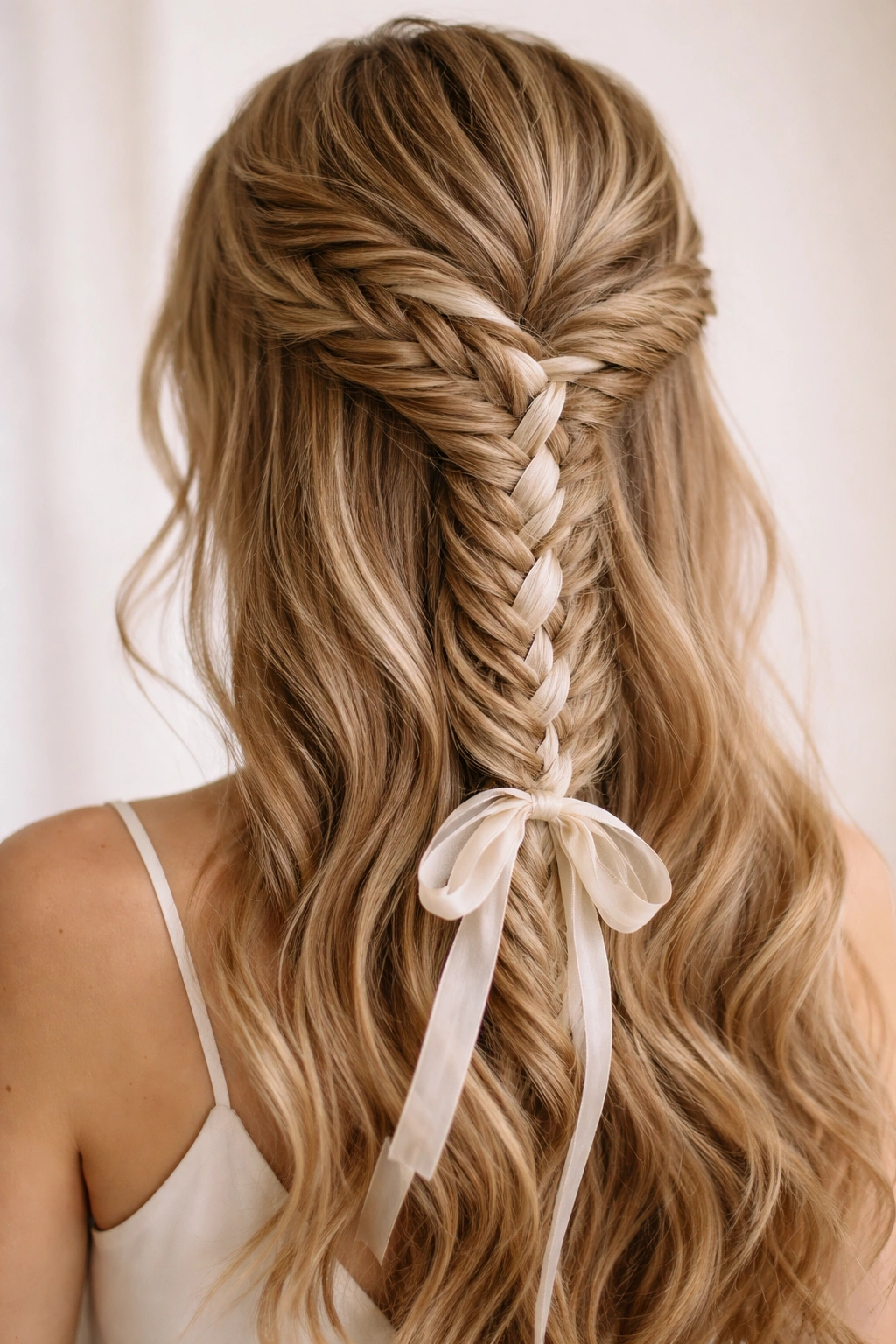 Close-up of a fishtail braid woven with a decorative ribbon