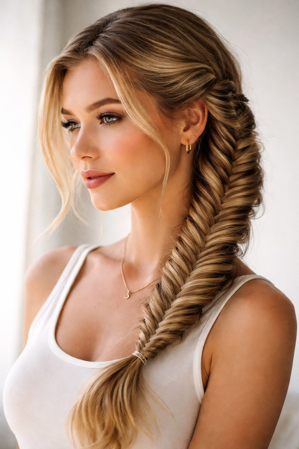 Close-up of fishtail side braid with intricate weave