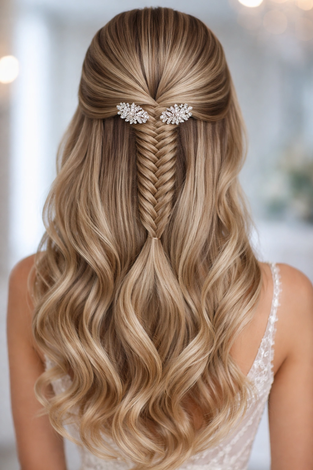 Sleek fishtail half up with diamond clips in a polished style
