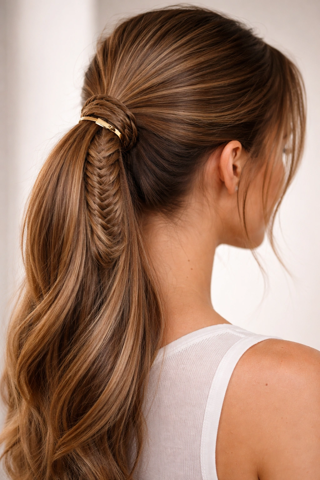 Close-up of fishtail wrap around a ponytail secured with a clip