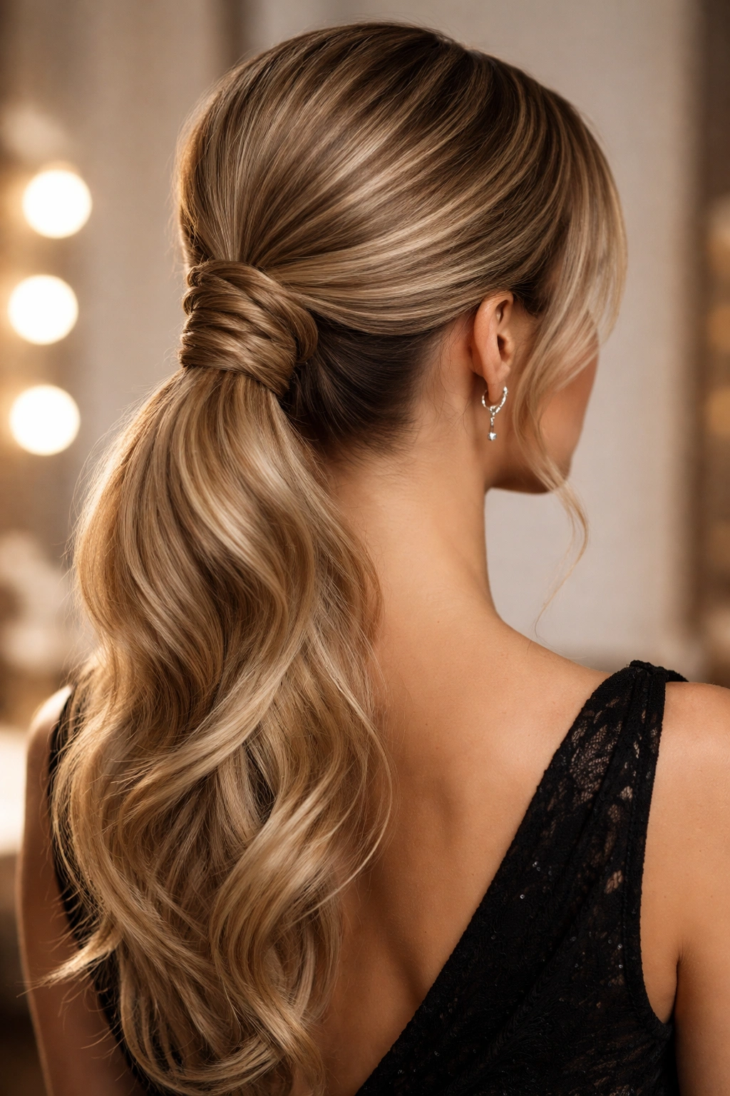 Low ponytail wrapped with a fishtail braid around the base