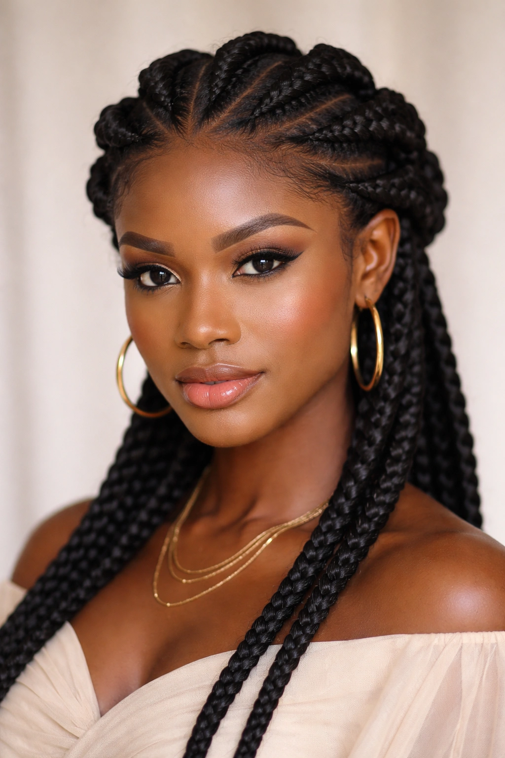 Frontal view of Five-Braid Crown Didi with a crown of braids around the head