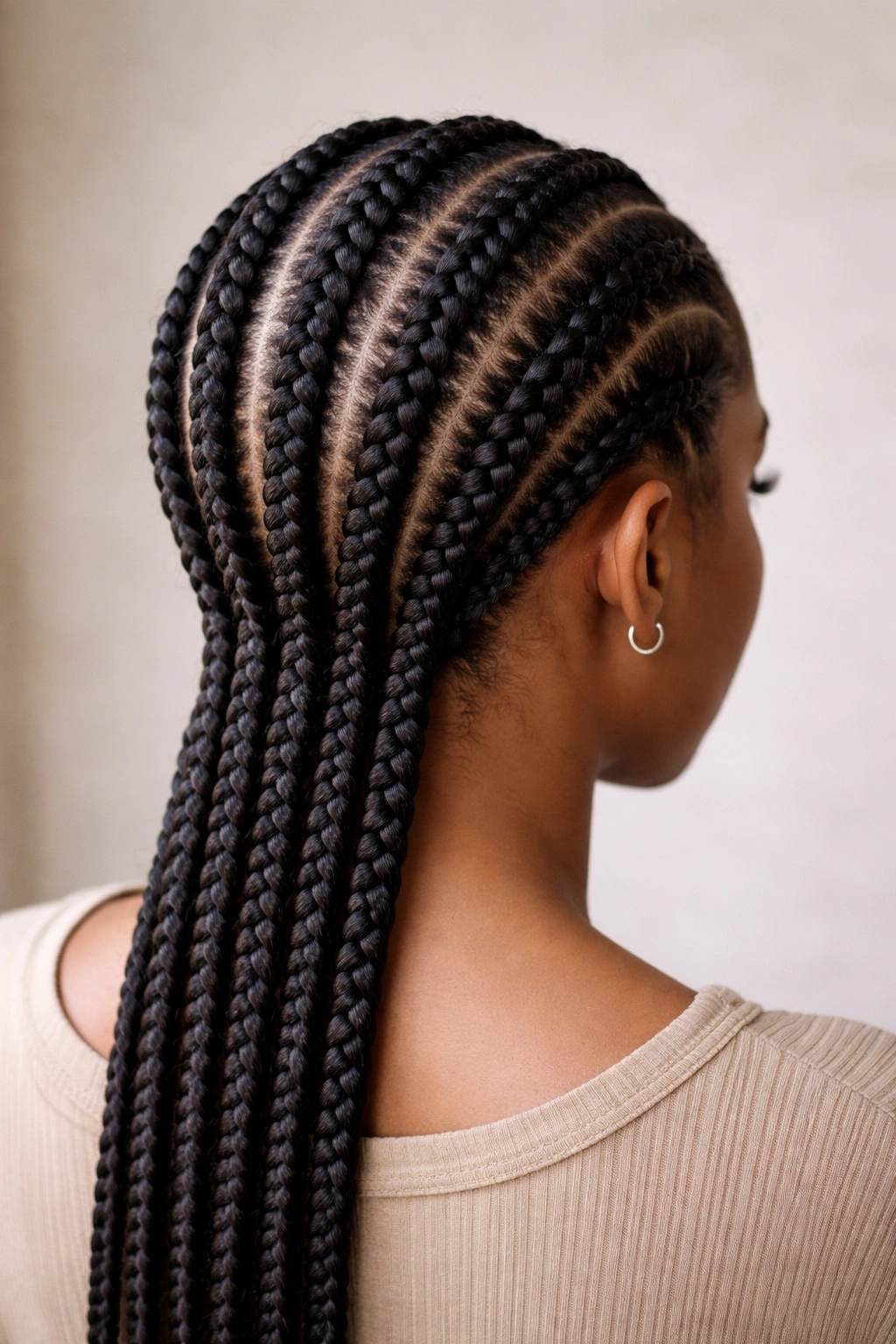 Five-row feed-in cornrows covering the scalp with five straight braids