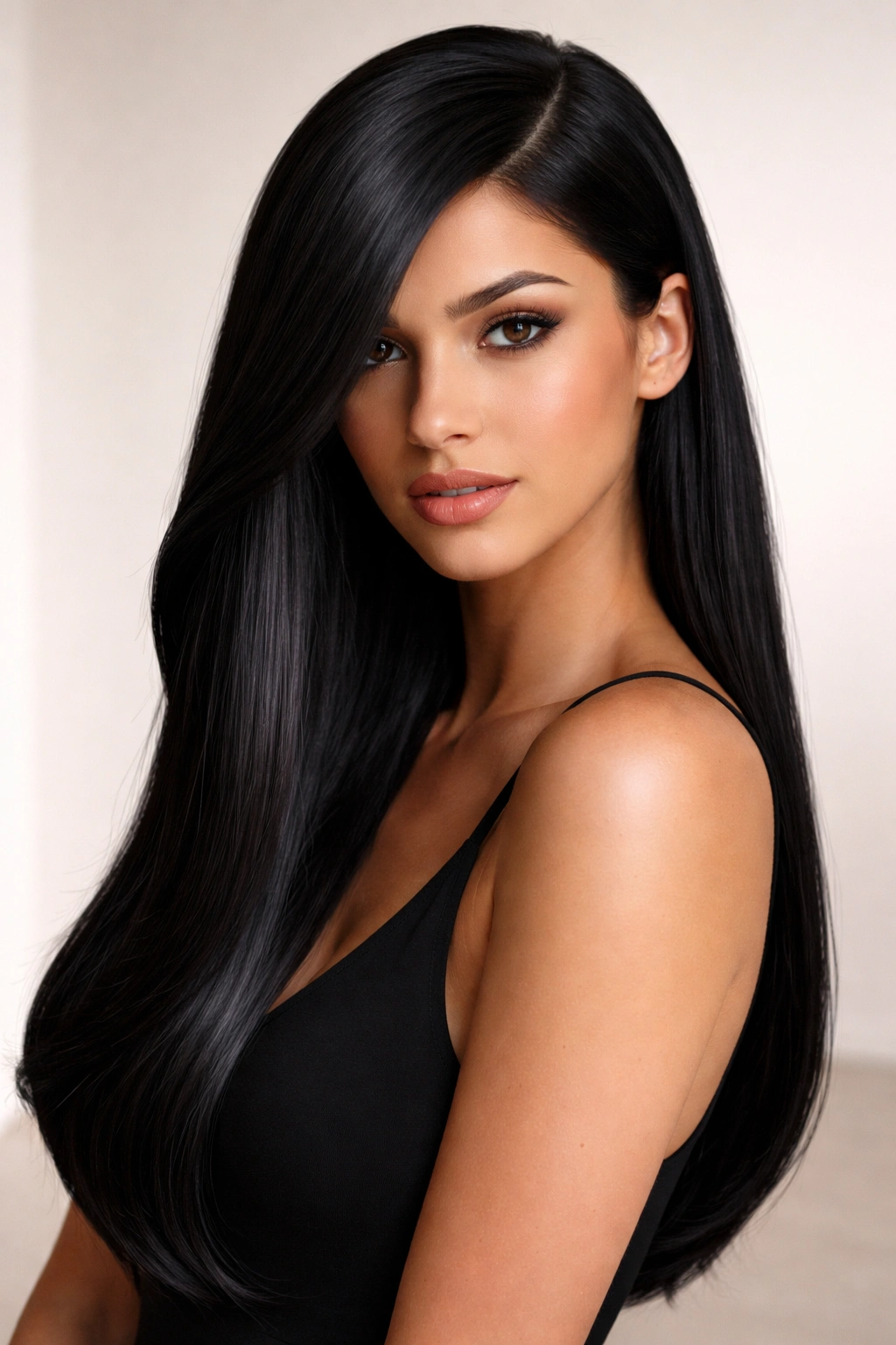 Jet-black hair straightened with a deep side part and glossy finish