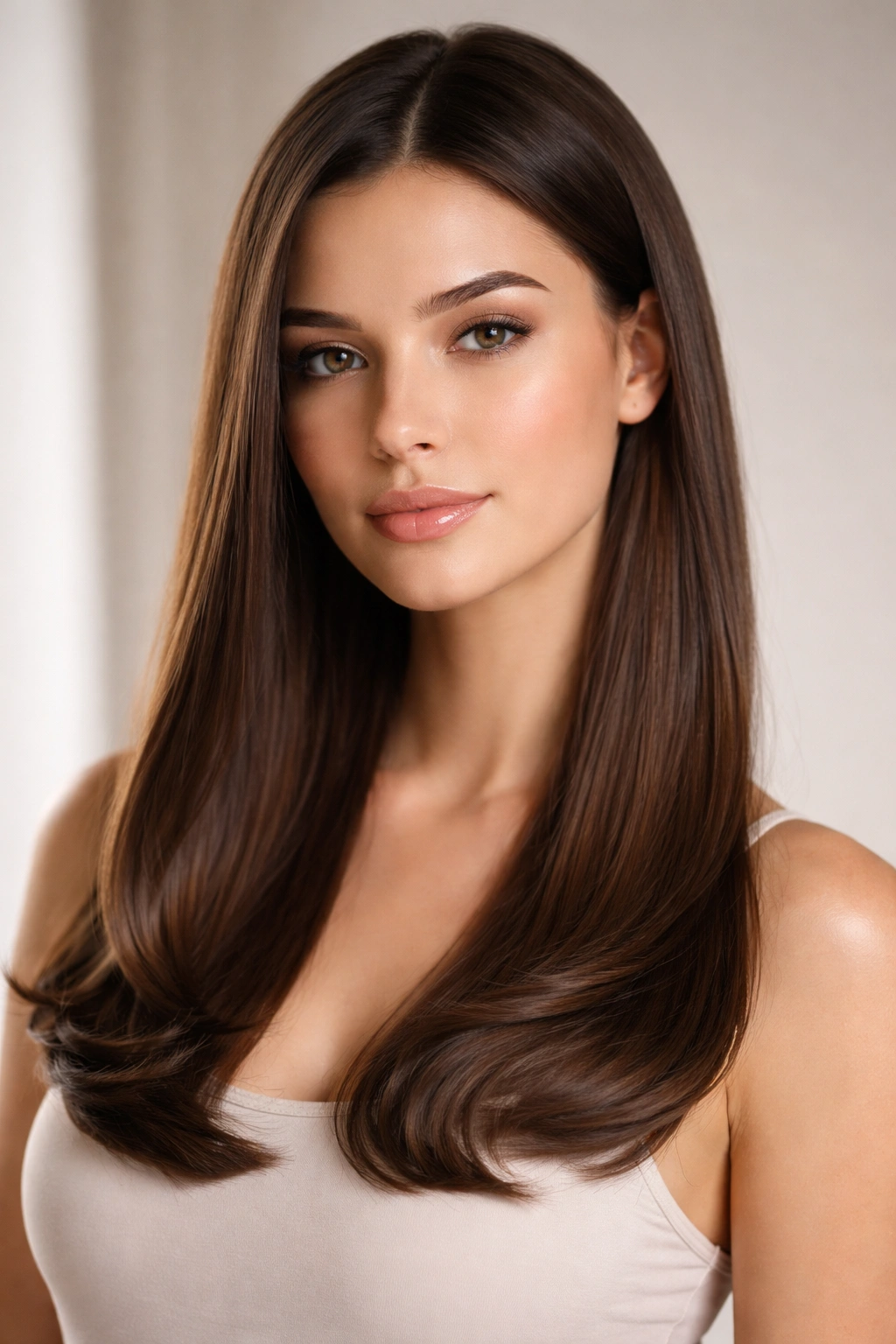 Sleek flat-iron waves at the ends of straight hair