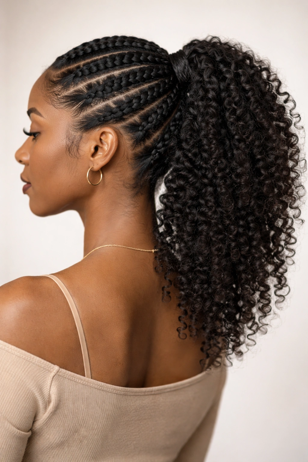 Close-up of flat-twisted ponytail showing scalp twists and texture