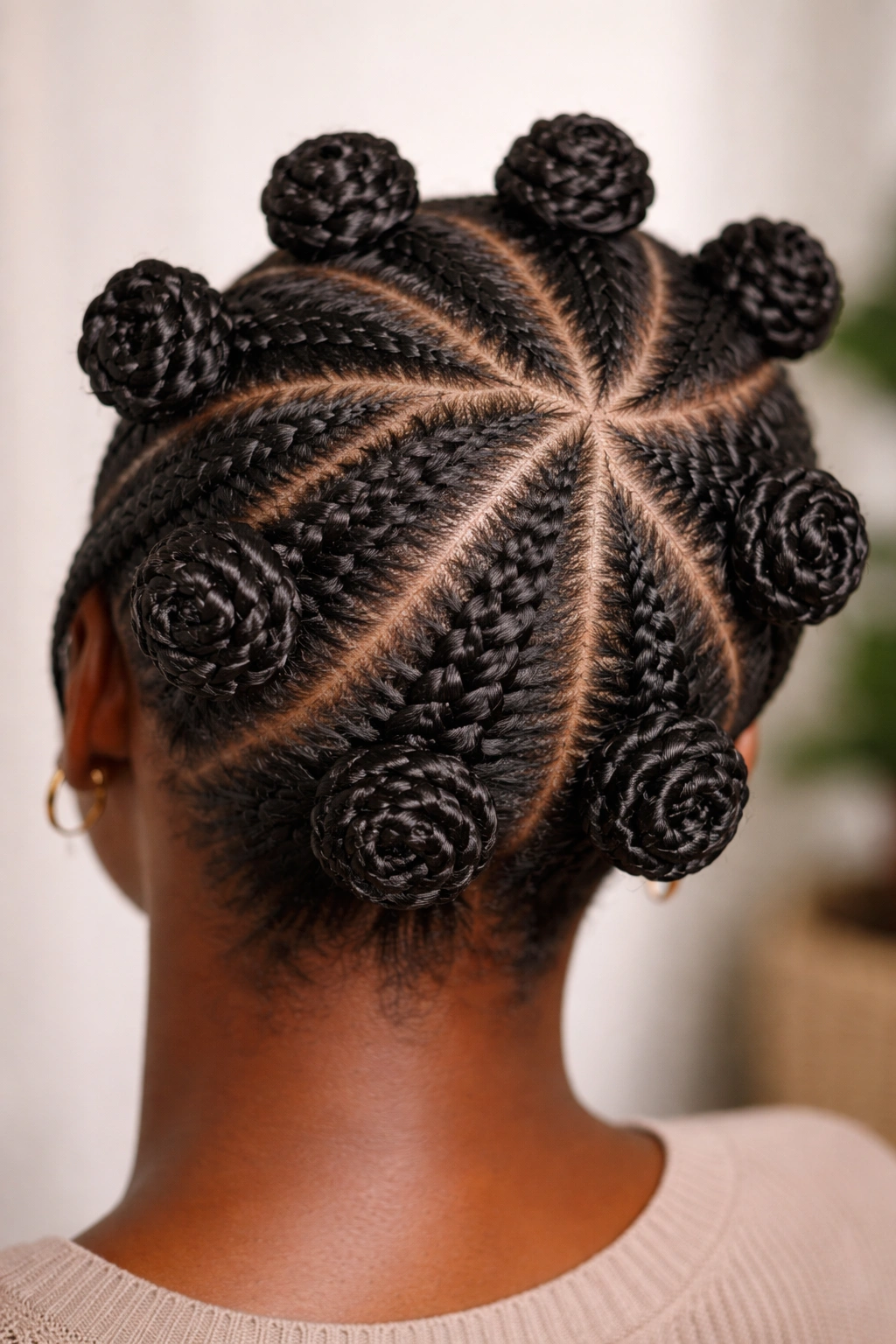 Flat-twisted bantu knots with flat braided bases close-up