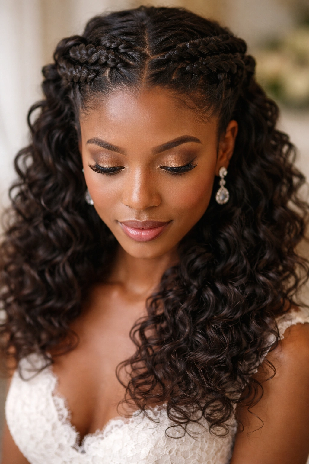 Close-up of flat-twisted crown with loose curls below